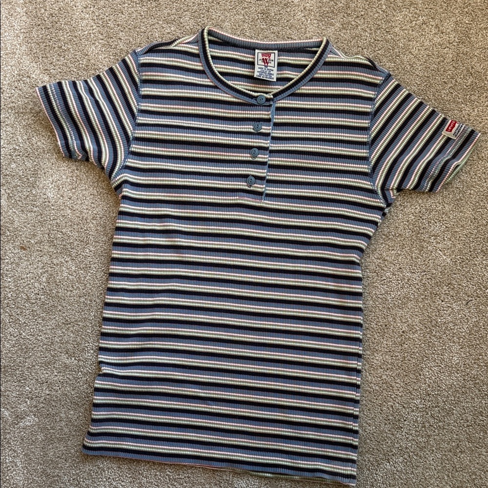 Levi's 90s vintage women’s Striped Tee 100% cotton -blue green pink white stripe